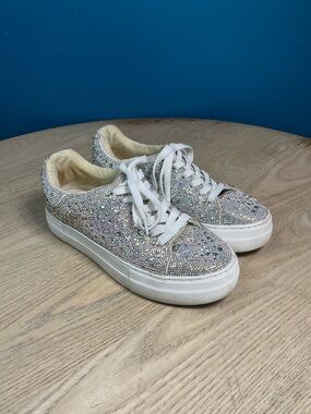 Betsey Johnson Sidny Suton Lace-Up Rhinestone Platform Sneakers Silver Women’s 8